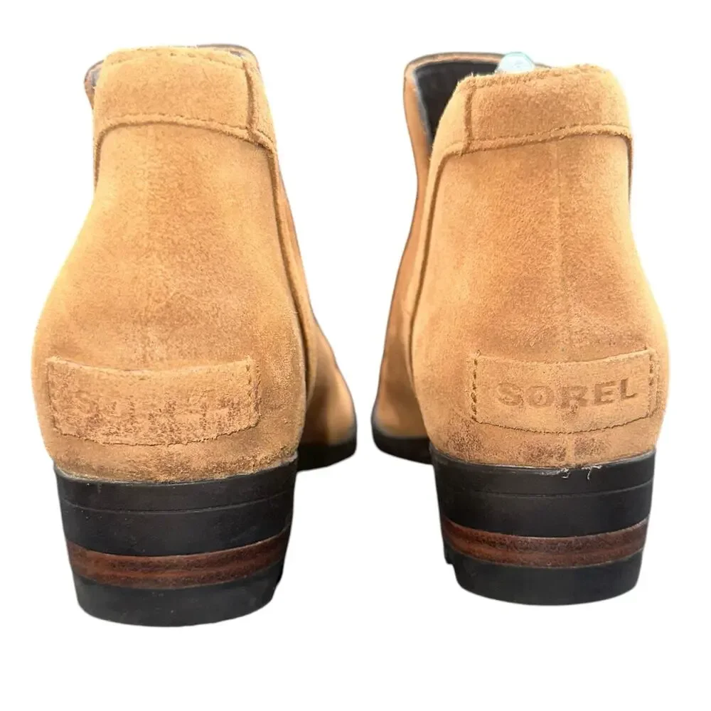 Sorel Emelie Chelsea Camel Suede Ankle Boots Size 8 Waterproof Leather Booties